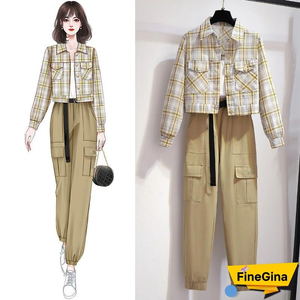 Casual Plaid Jacket+Pocket Pants P10563