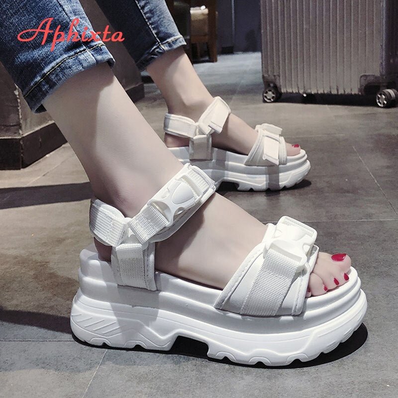 Aphixta 8cm Platform Sandals Women Shoes Wedge High Heels Buckle Canvas Summer Thick Sole Beach Shoes  Chaussures Femme