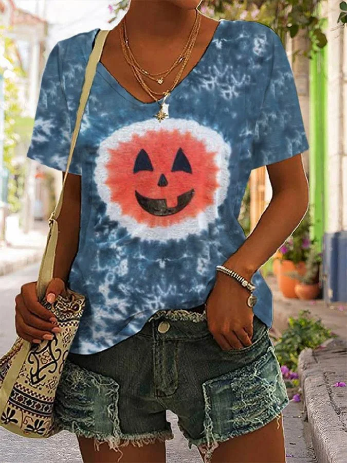 Women's Halloween Pumpkin Tie Dye Print V-Neck T-Shirt