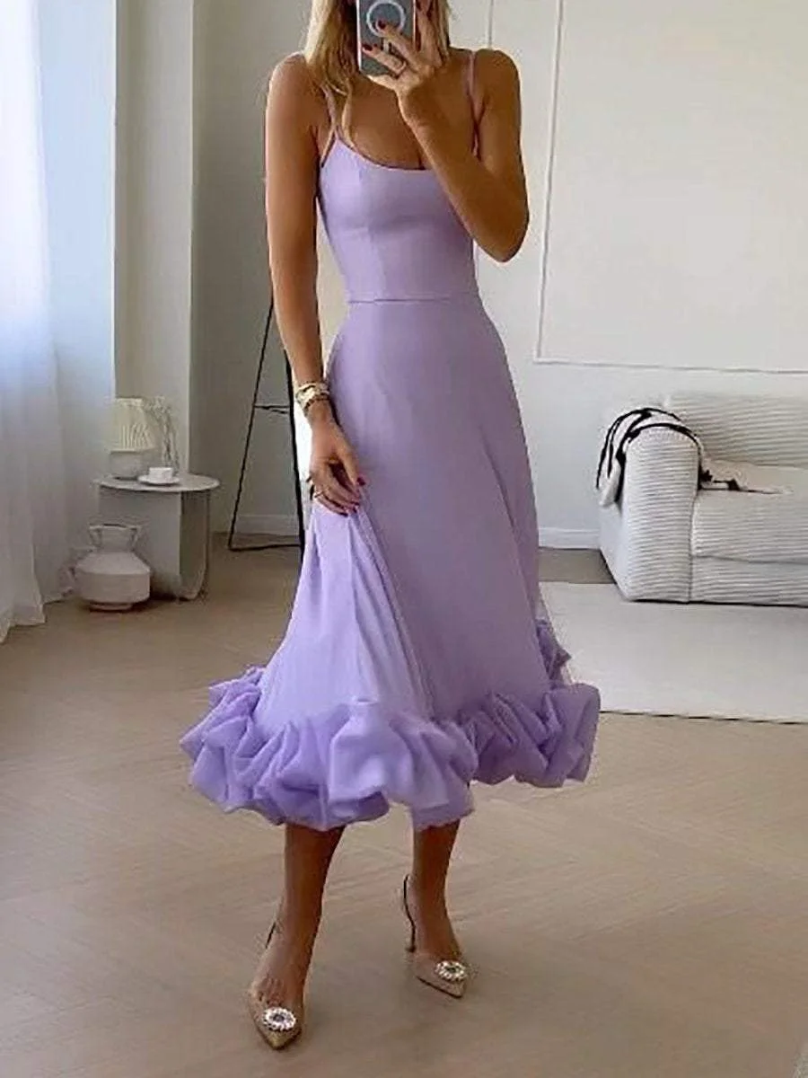 Elegant Solid Color Sling Midi Dress
