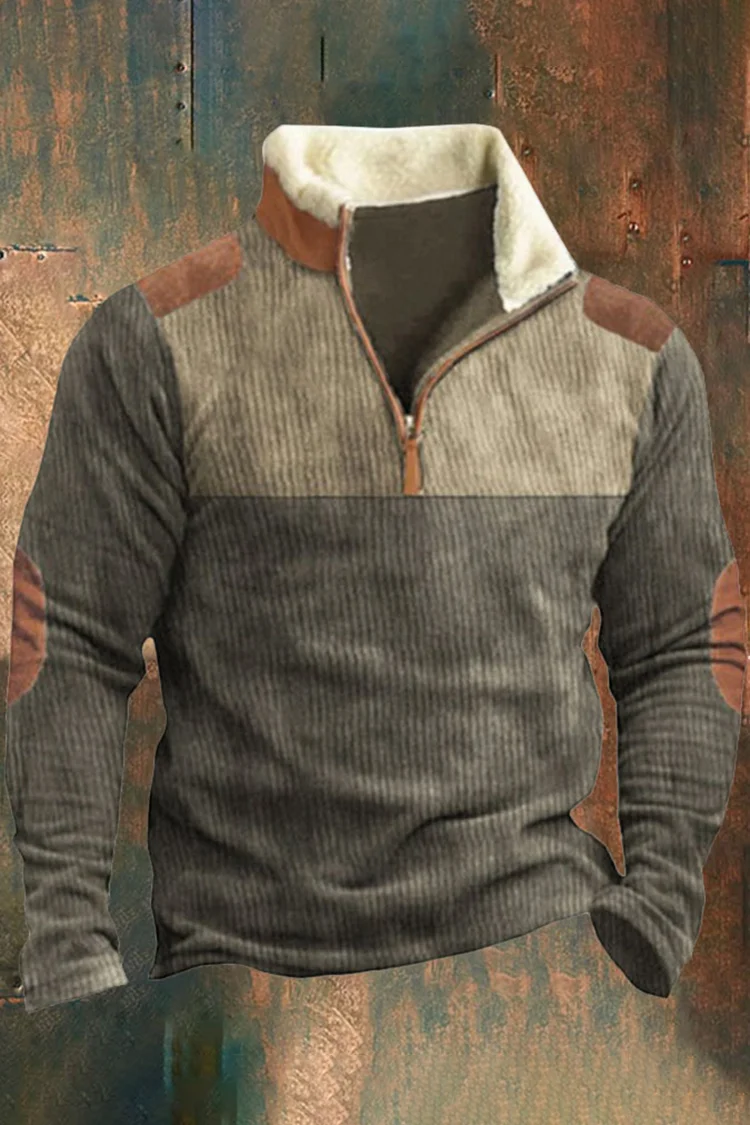 Tiboyz Western Zipper Fur Collar Waffle Contrast Color Sweatshirt