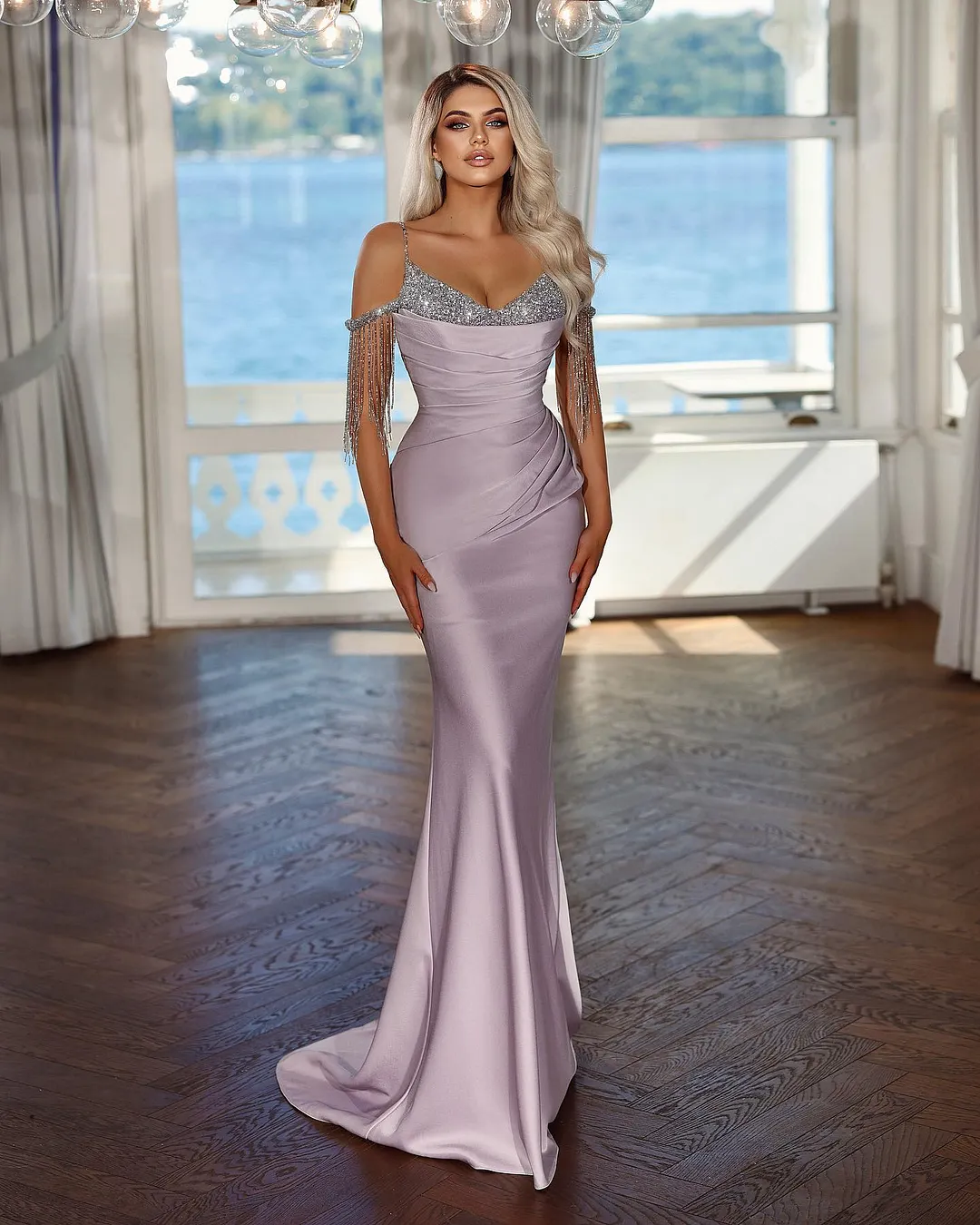 chinese dress ladies Mermaid Spaghetti Straps Appliques Red Prom Dress with Slit PSK556 US2 / Red main image 1