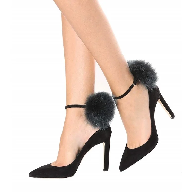 Black Ankle Strap Heels Vegan Suede Stiletto Heel Pumps with Fluffy Ball |FSJ Shoes