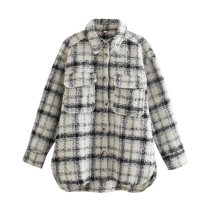 Women's Shirt Coats Femme Plaid Khali Overshirt Mujer Pocket Soft Tweed Jacket Oversize BF Long Sleeve Ladies Outwear Streetwear