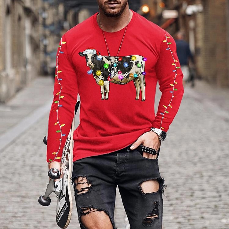 BrosWear Men'S Christmas Cow Lights Long Sleeve T-Shirt
