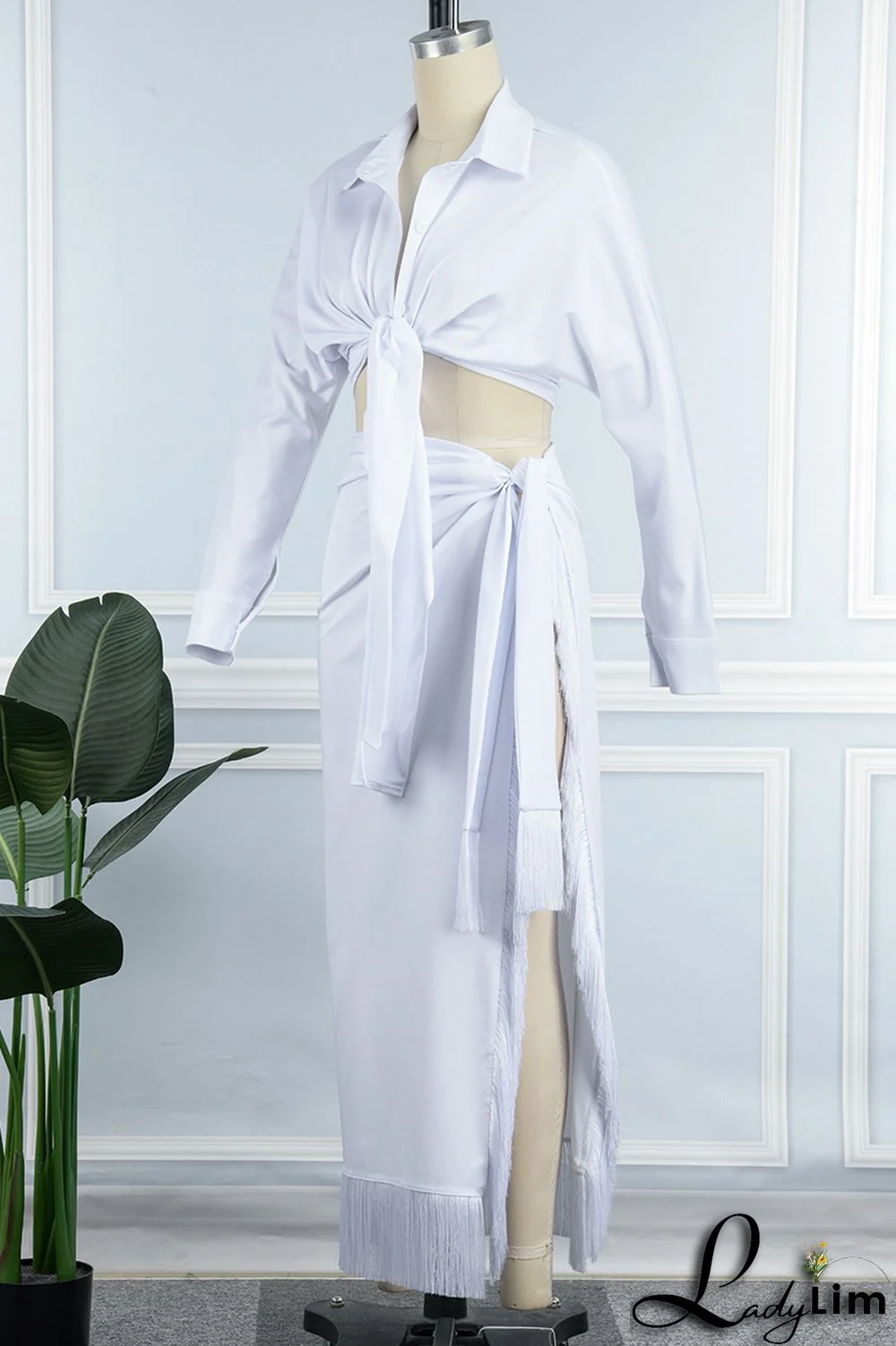 Blue Casual Solid Frenulum Slit Turndown Collar Long Sleeve Two Pieces