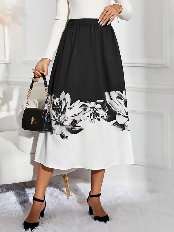 Blue Loose A Line Skirts elastic waist print Spring