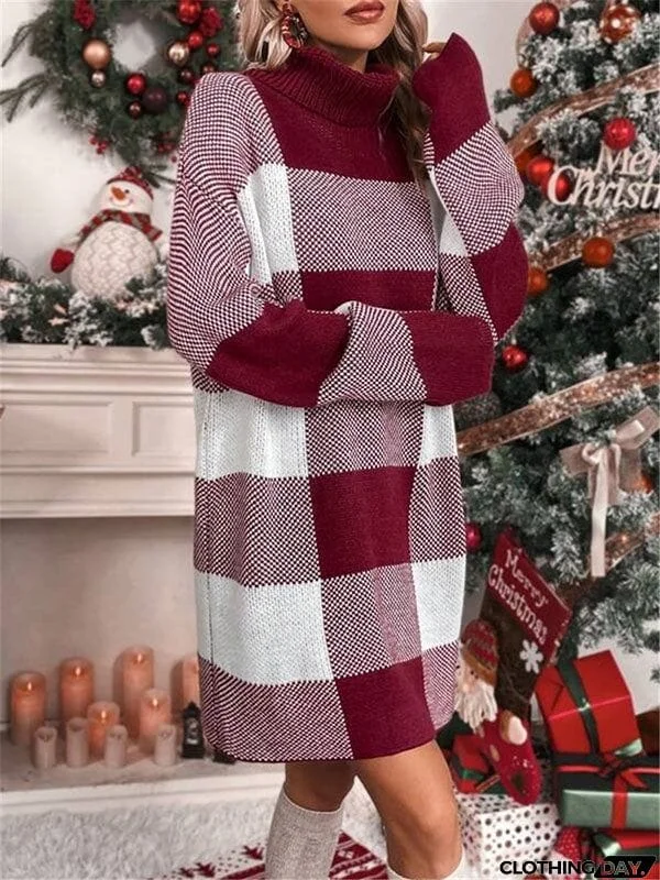 Long Sleeves Loose Contrast Color Plaid High Neck Mini Dresses Sweater Dresses