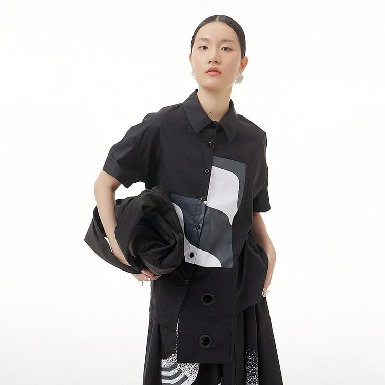Art Turn-down Collar Printed Asymmetrical Patchwork Single-breasted Short Sleeve Shirt         