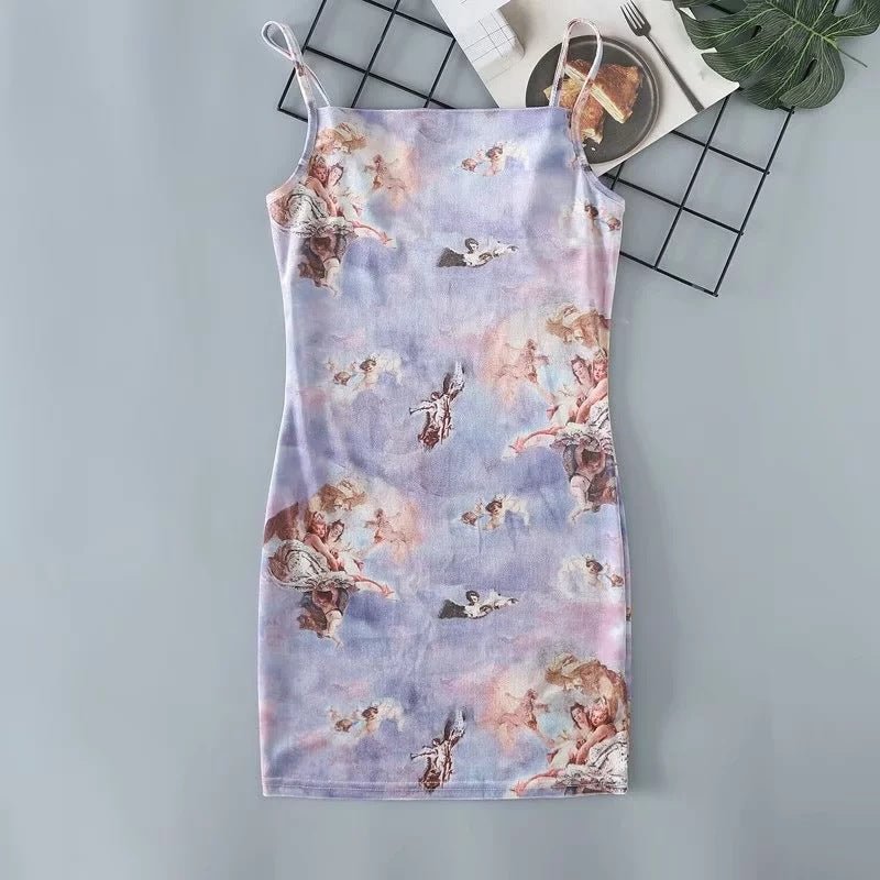 Women's Summer Silk-screen Flower Veet Suspender Skirt Stretch Slim-fit Sheath Dress