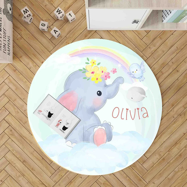 Personalized Baby Elephant Rainbow Cloud Round Rug|R96