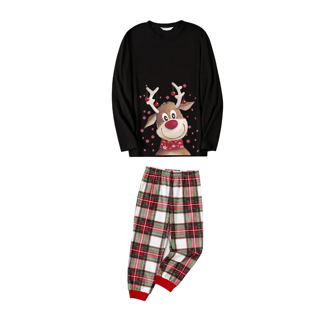 Christmas Deer Print Black Long Sleeve Top with Red & White & Green Plaid Family Matching Pajamas