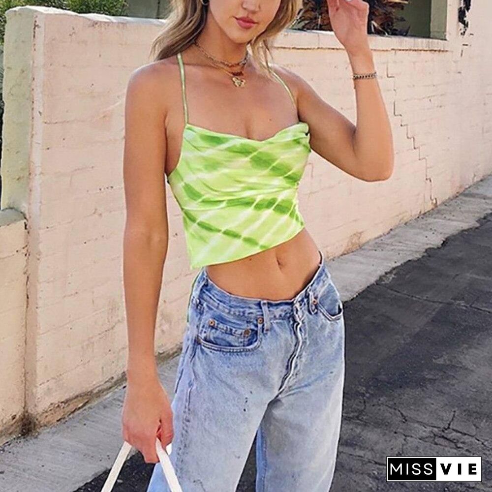 New Women Croptops Sleeveless Tie Dye Backless Bandaged Green Sexy Crop Tops Summer