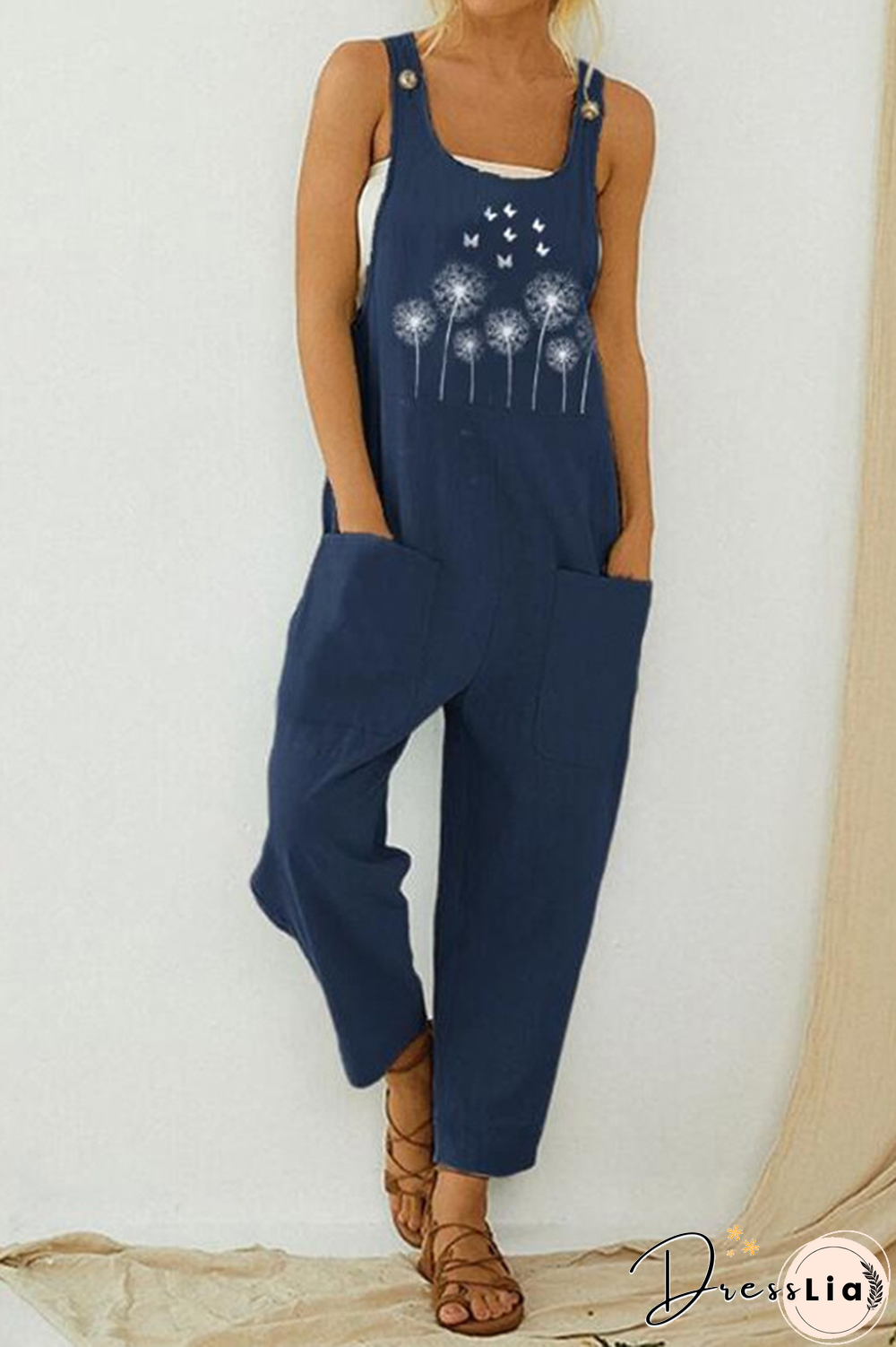 Casual Print Pocket Buttons U Neck Straight Jumpsuits