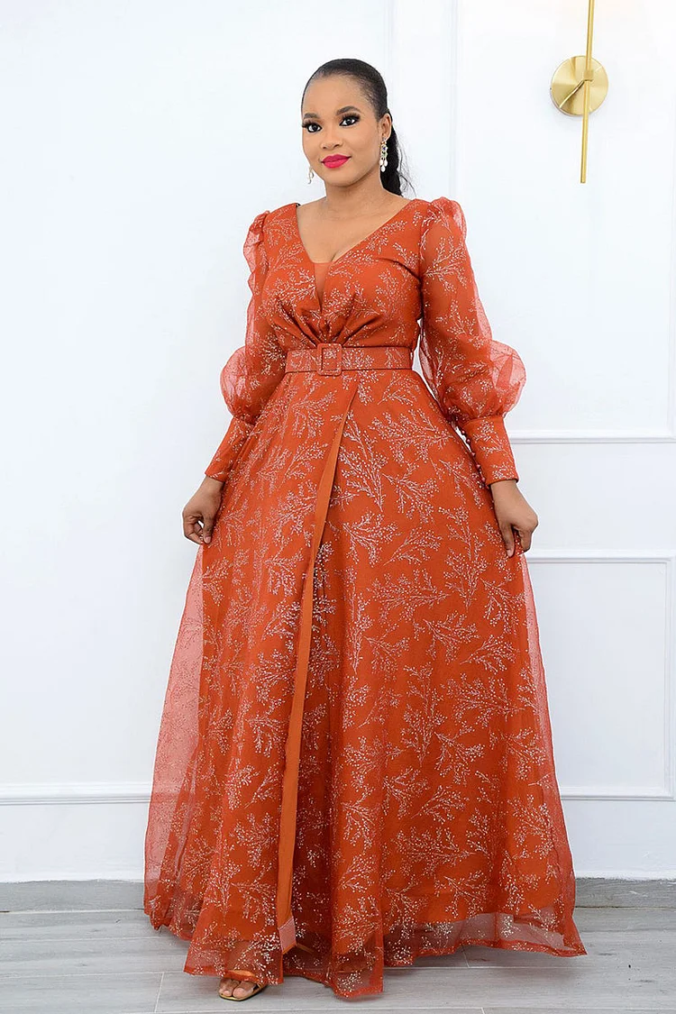 Chiffon V Neck Long Lantern Sleeve Floral Print Split Maxi Dresses
