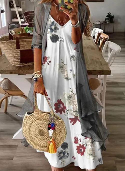 V Neck Cotton Maxi Dress Two Piece Set