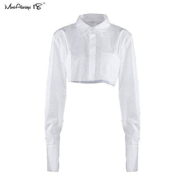 Mnealways18 Streetwear White Cropped Blouse Women Long Sleeve Cotton Shirt Turn Down Collar Spring Casual Tops Button Irregular