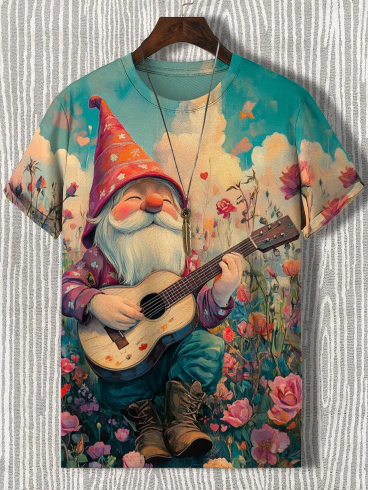 Men's Valentine's Day Gnome Plays Guitar In Flower Field Print T-Shirt