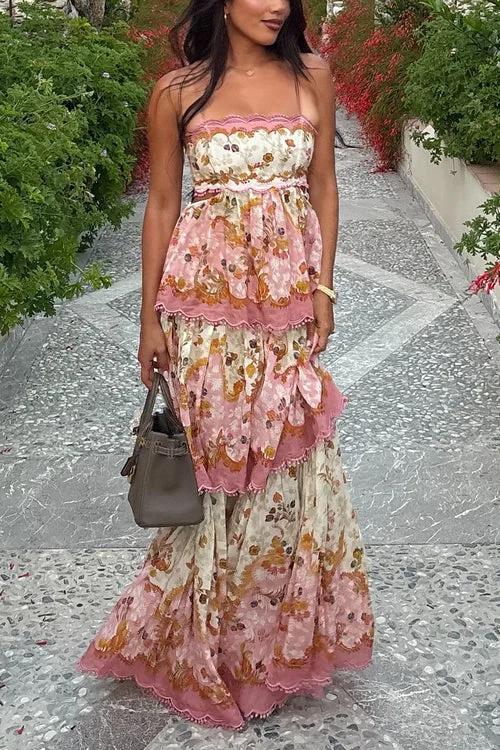  Spaghetti Strap Back Lace-up Ruffle Layered Floral Print Maxi Dress