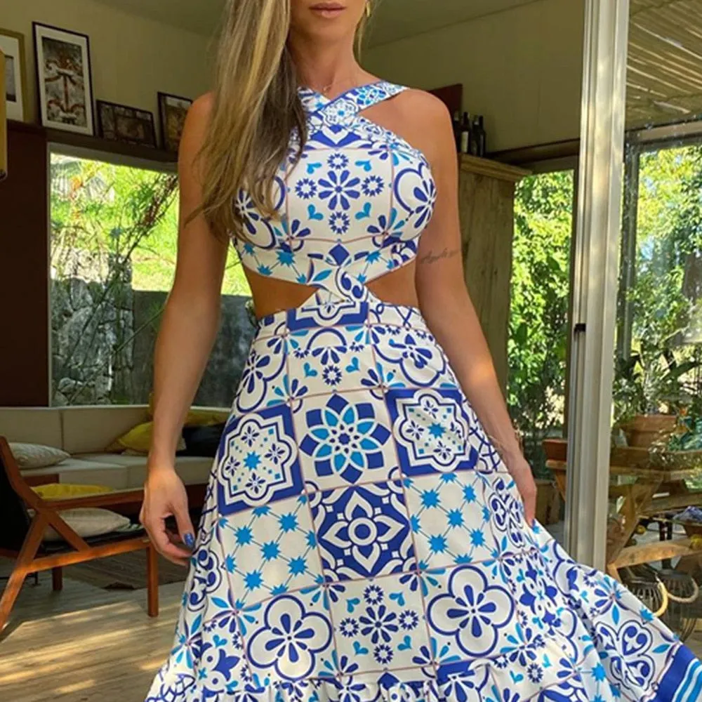 2021 dress long summer beach dress suit feminine halter neck halter retro print sleeveless new beach sun skirt suit