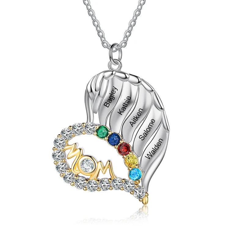 Personalized Heart Wing Necklace with 5 Birthstones Mother Necklace