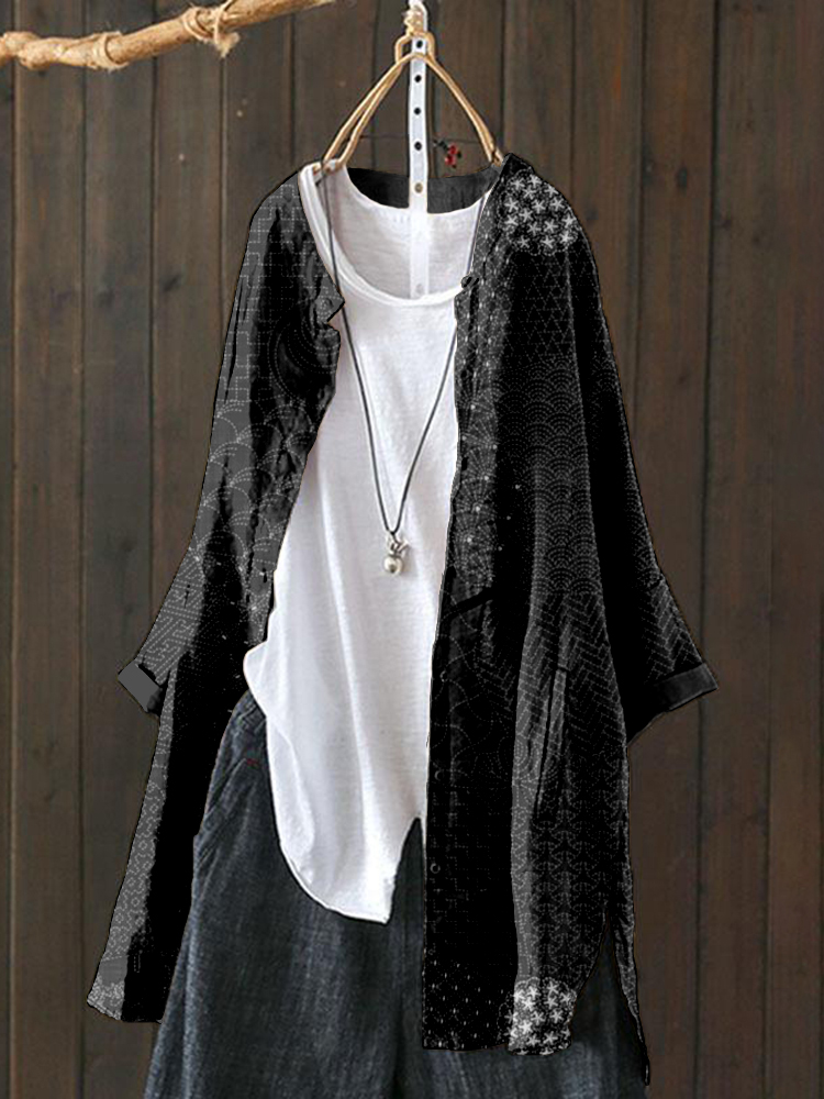 Comstylish Japanese Traditional Sashiko Art Linen Blend Loose Cardigan