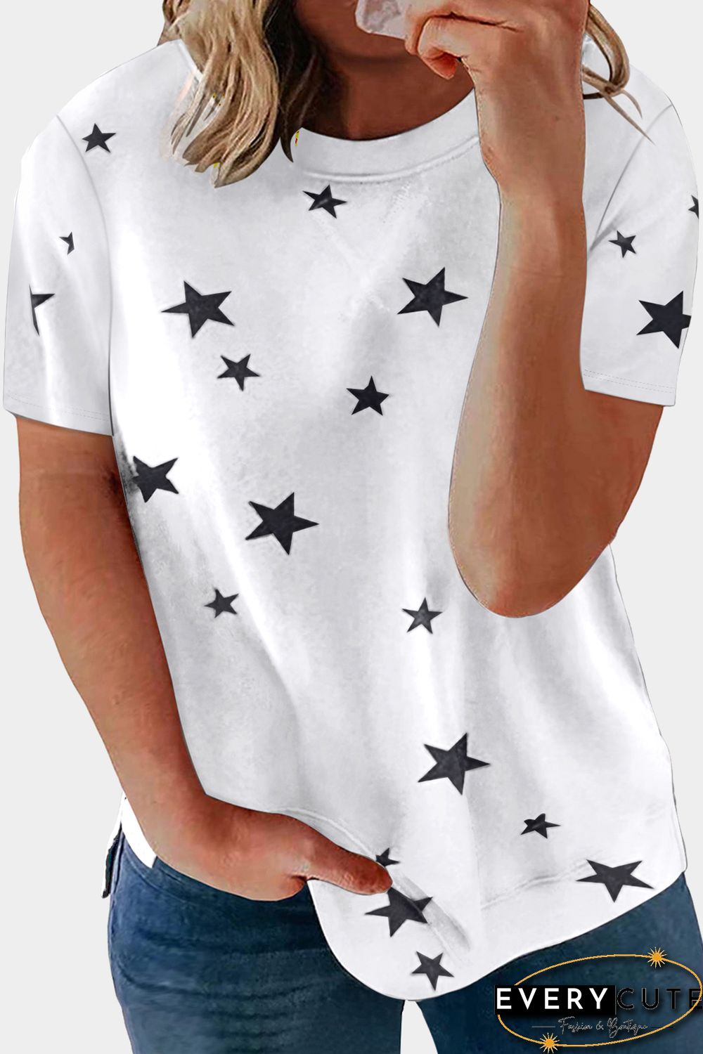 White Star Pattern Round Neck Plus Size T-shirt