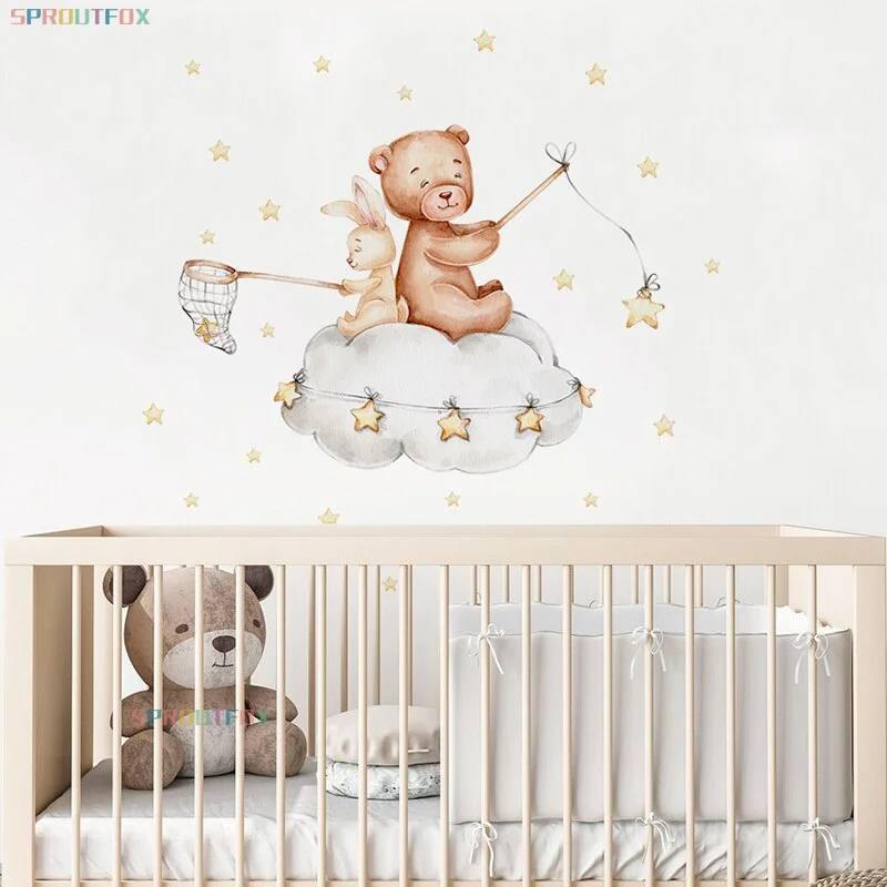 Bear And Rabbit Wall Stickers For Kids Rooms Animals Wall Stickers Child PVC Wall Decorative Vinyl For Children's Room
