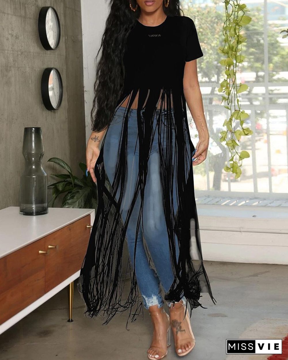 Short Sleeve Tassel Design Asymmetrical Top