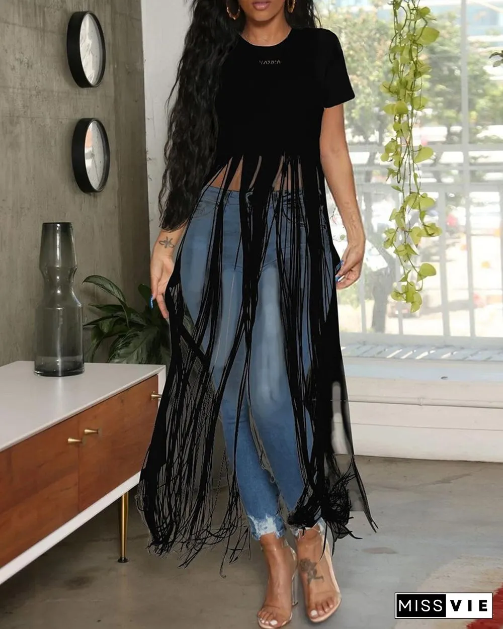 Short Sleeve Tassel Design Asymmetrical Top