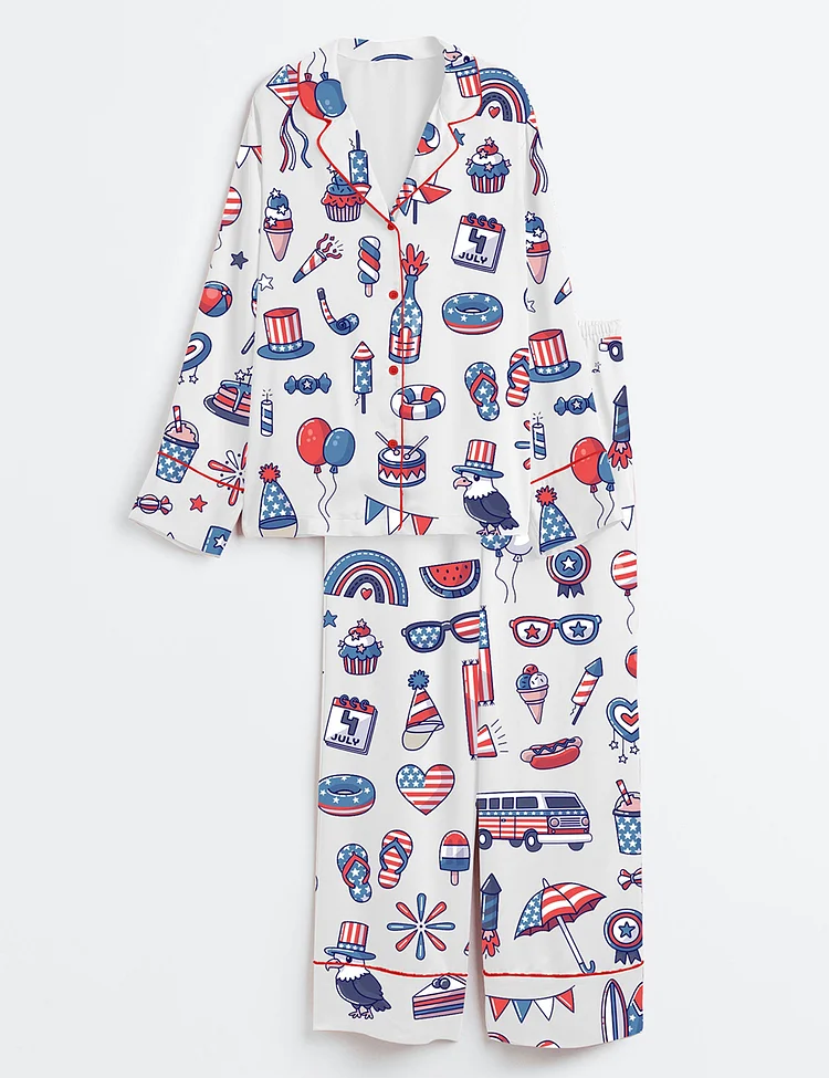 Women&rsquo;s Stars And Stripes 4th Of July Independence Day Patriotic Illustration Long Sleeve Satin Pajama Set