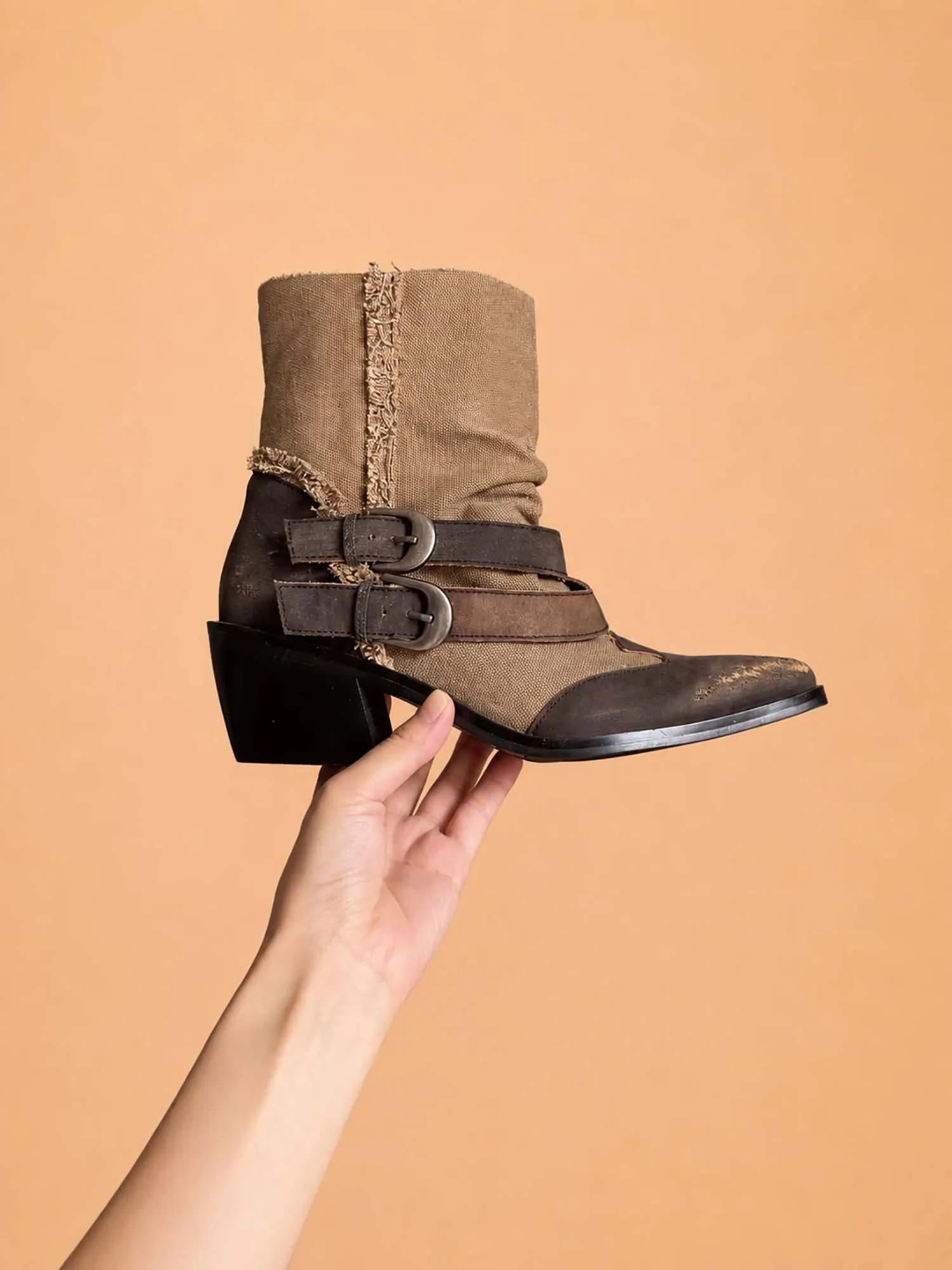 Western Style &mdash; Color-blocked distressed canvas and leather ankle boots with double buckles