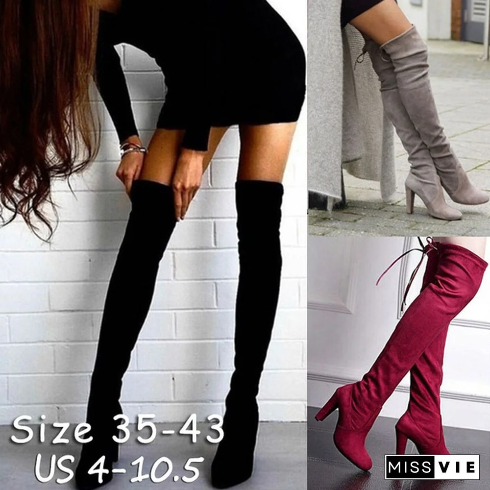 New Women's Over Knee High Boot Lace Up High Heel Faux Suede Long Thigh Boots Shoes Black Gray Red Plus Size