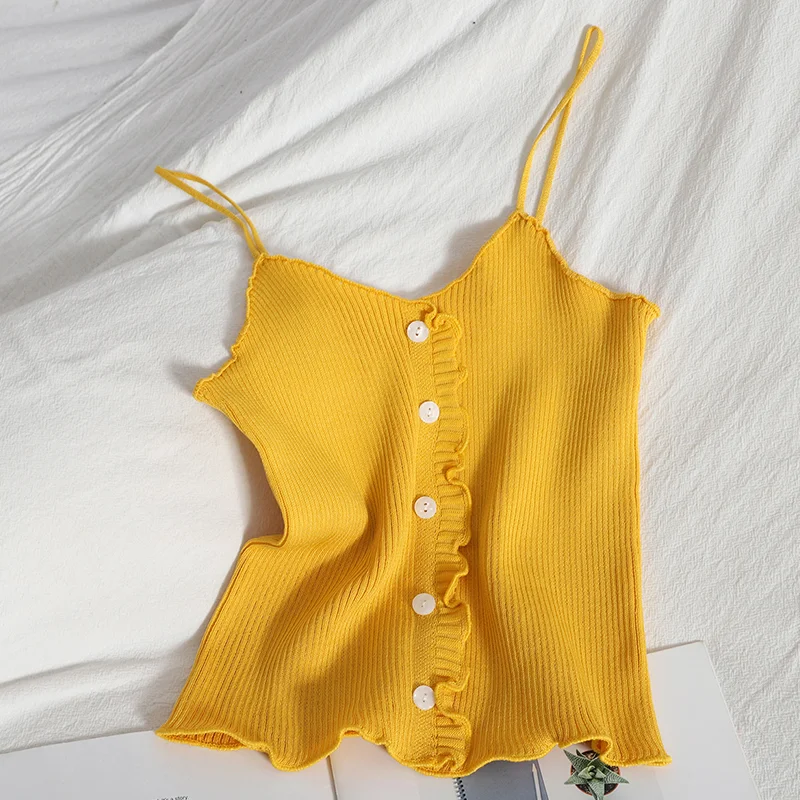 Pearl Diary Women Spaghetti Strap Knitted Tops Summer Ruffle Camis Top With Front Buttons Solid Color Basic Knitted Cute Tops