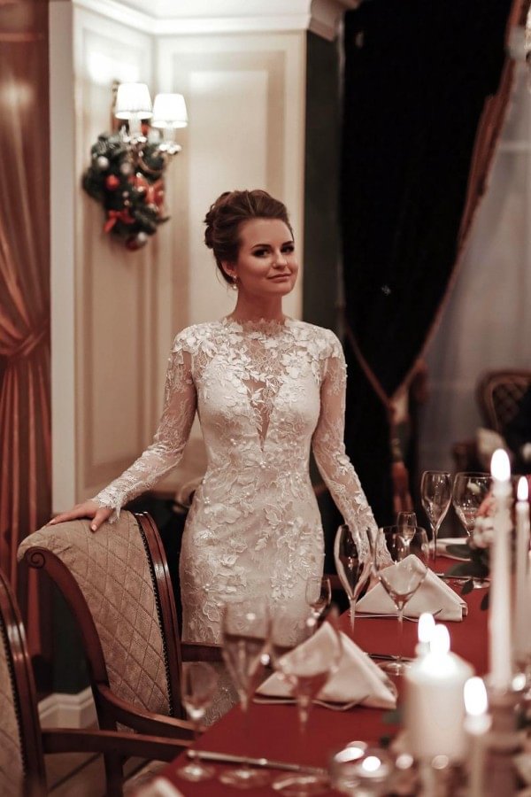 Vintage High Neck Long Sleeve Backless Mermaid Wedding Dress With Appliques Lace | Ballbellas Ballbellas