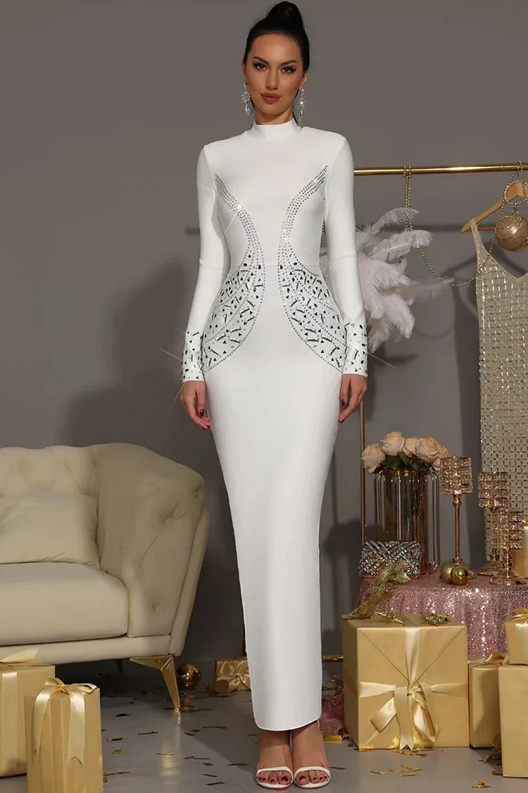 Mock Neck Long Sleeve Rhinestone Embellished Maxi Dress-White