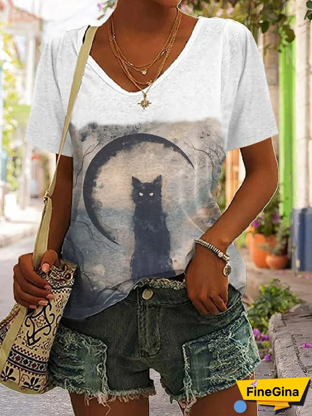 Halloween vintage cat print T-shirt