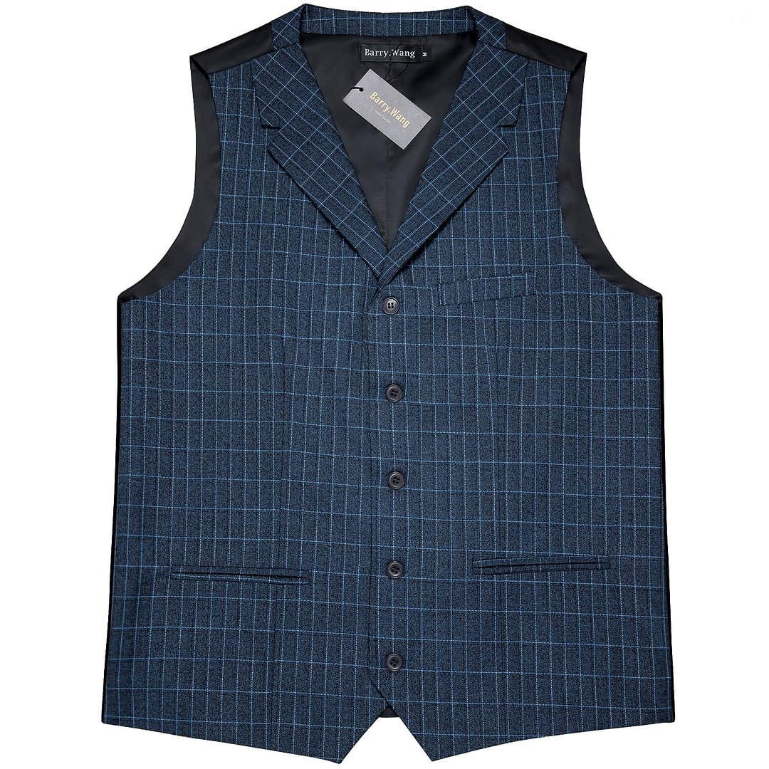 Luxury Men's Novelty Blue Black Plaid Silk Vest