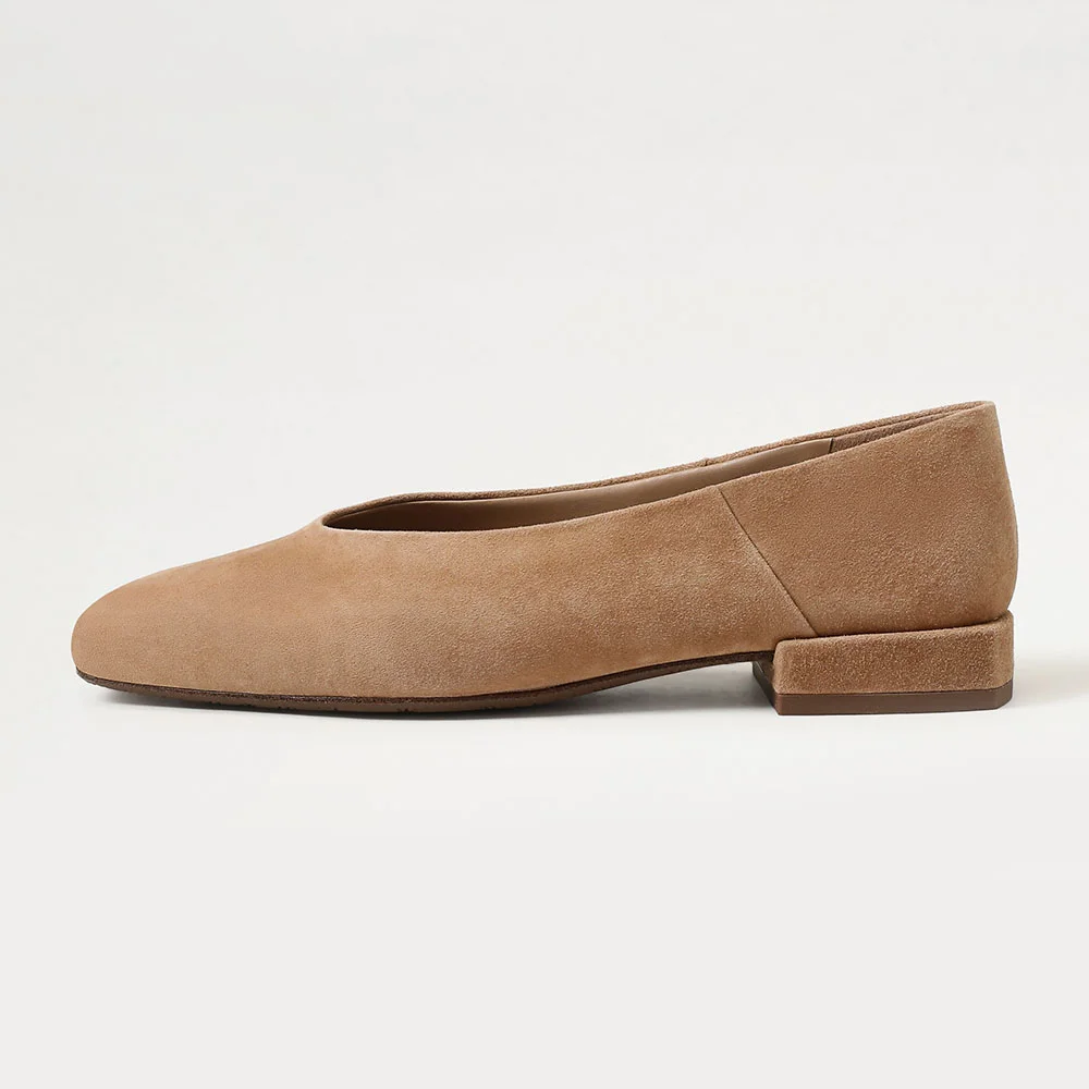 Tan Square Toe Slip On Vegan Suede Flats Business Casual Female Shoes