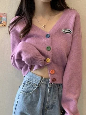 pornhint Pornhint New Korean Sweet Cardigan Sweater Women Single Breasted V-neck Long-sleeved Knitted Jacket S-4XL Short Cardigan 6 colors