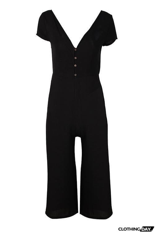 Button Pocket V Neck Jumpsuit
