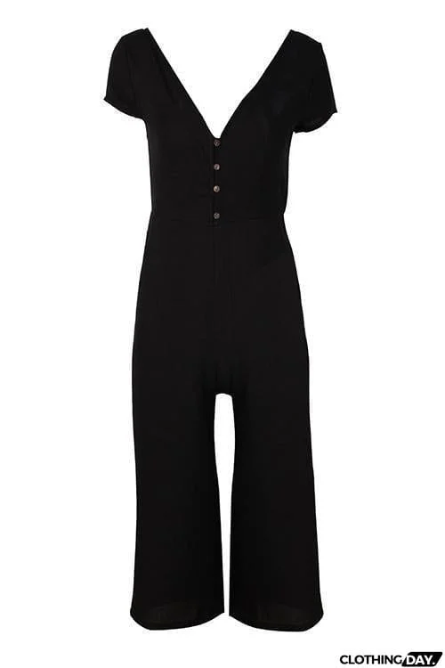 Button Pocket V Neck Jumpsuit