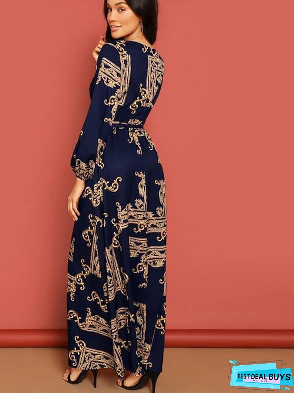 Women's A-Line Dress Maxi Long Dress Long Sleeve Geometric Spring & Summer Hot Elegant Black Navy Blue Black Dresses