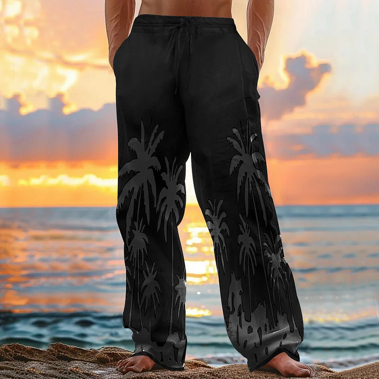 Simpfit Vintage Hawaii Strand bedruckte Kunst Nachahmung aus Nachahmung aus Baumwolle und Leinen Freizeithose