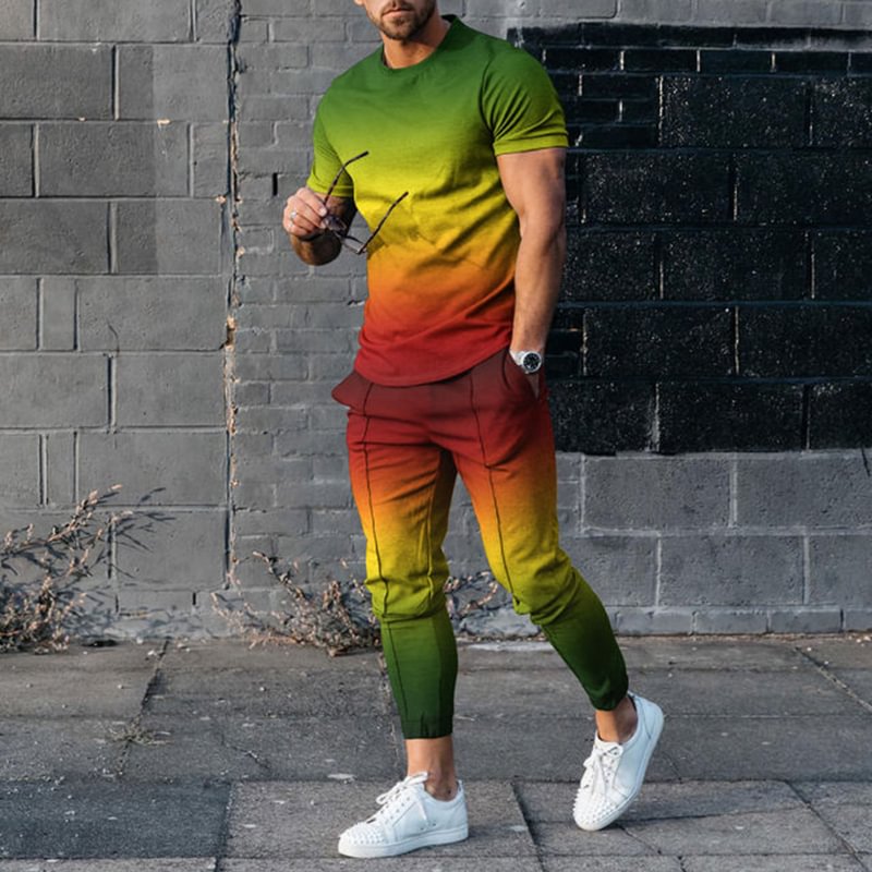 Ombre Casual Short Sleeve T-Shirt And Pants Two Piece Set