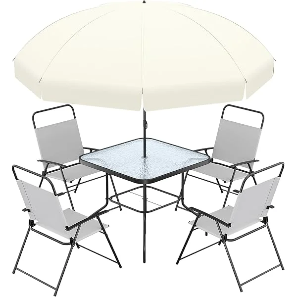 6 Piece Patio Table and Chairs Set with Umbrella, Outdoor Dining Set with 4 Folding Dining Chairs & Glass Table, for Deck, Backyard, Poolside, Lawn, Brown