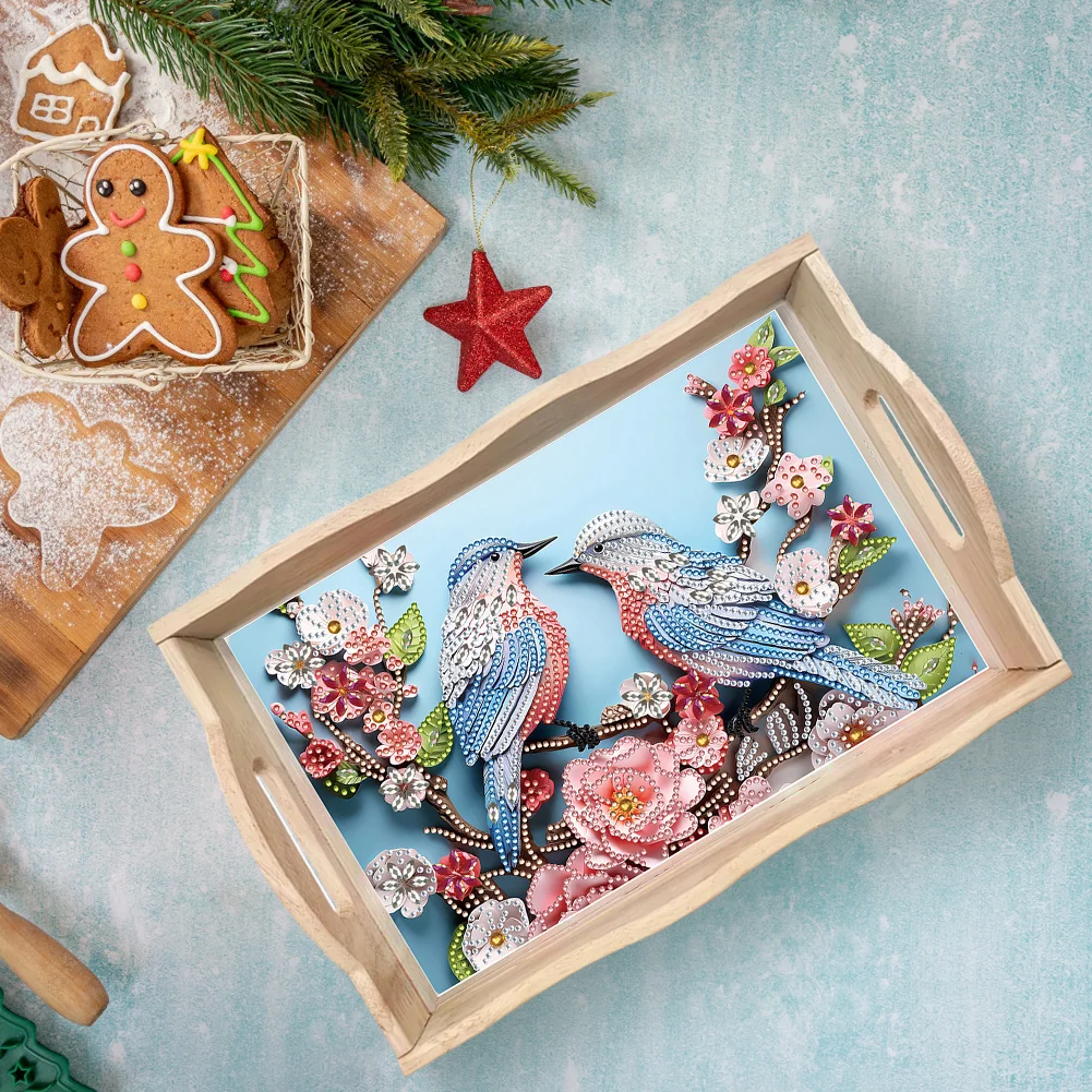 Wooden Flowers Birds 5D DIY Diamond Painting Serving Tray for Home Decor