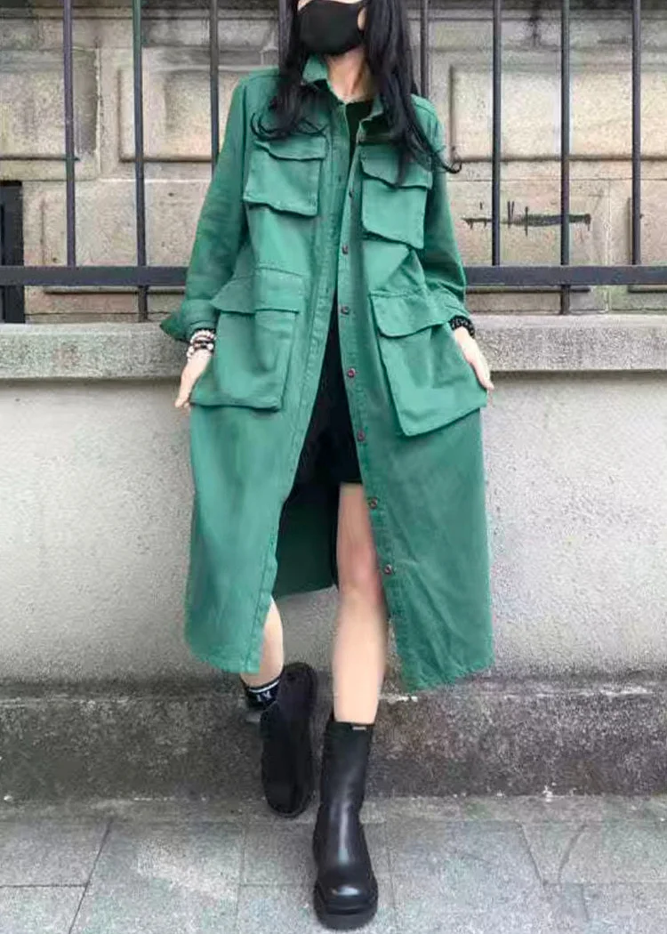 Casual Green Peter Pan Collar Pockets Patchwork Cotton Trench Fall