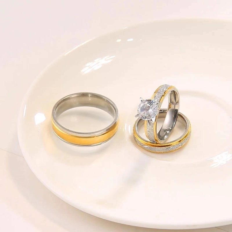 Romantic Minimalist Round Stainless Steel Plating Inlay Zircon Couple Rings