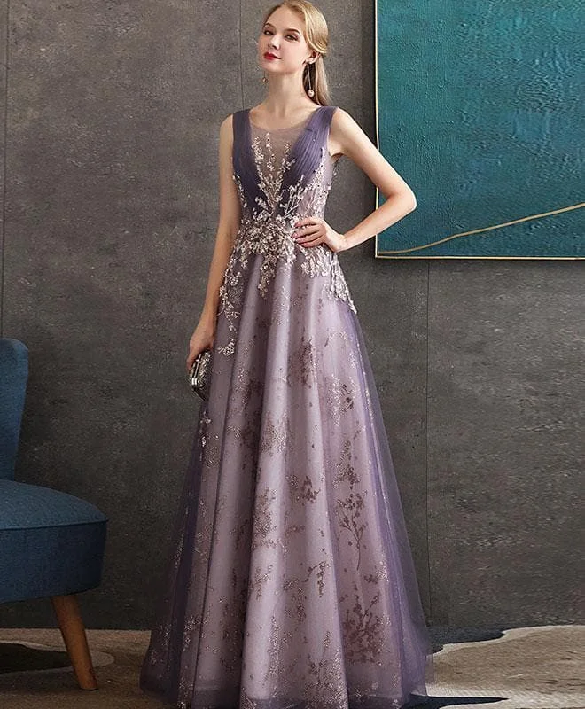 Purple Round Neck Tulle Lace Long Prom Dress Purple Evening Dress